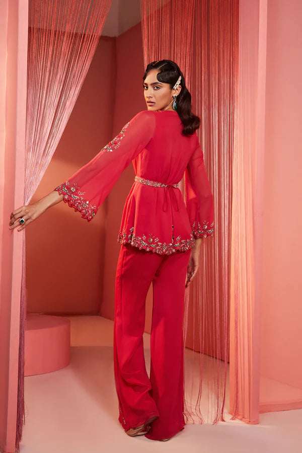 Coral Red Double Flap Kurta & Pants - MARKET