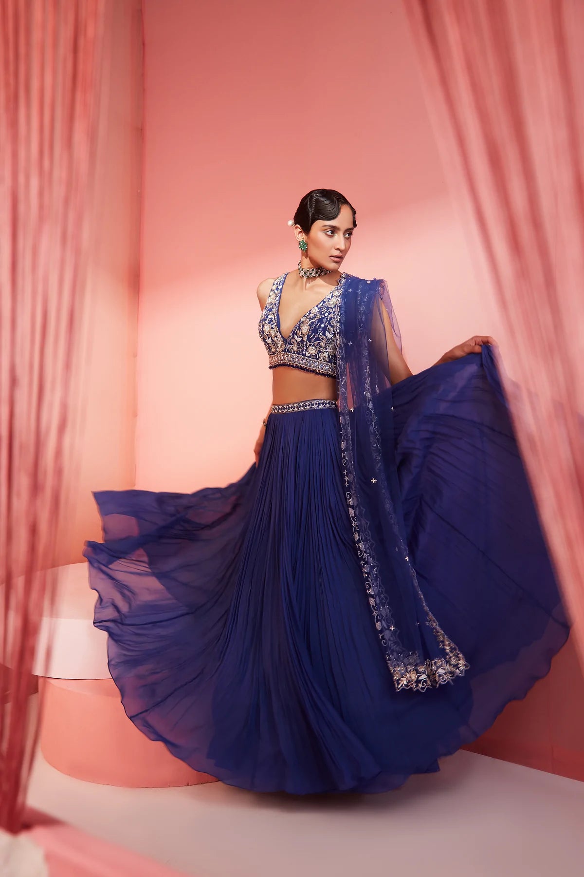 Ink Blue Blouse Skirt and Dupatta - MARKET