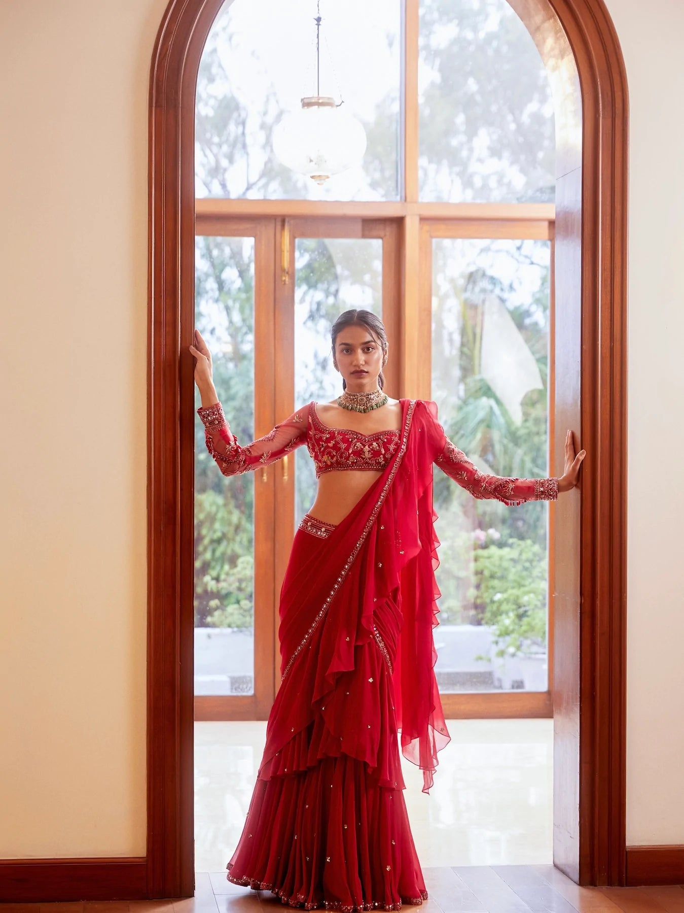 Fuchsia Pre-Stitched Ruffle Saree with Blouse - MARKET