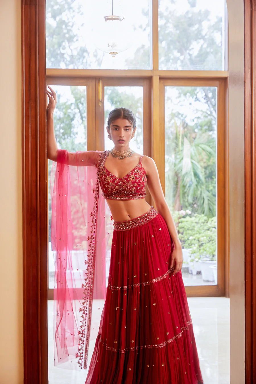 Fuchsia Three Tiered Lehenga with Blouse and Dupatta - MARKET