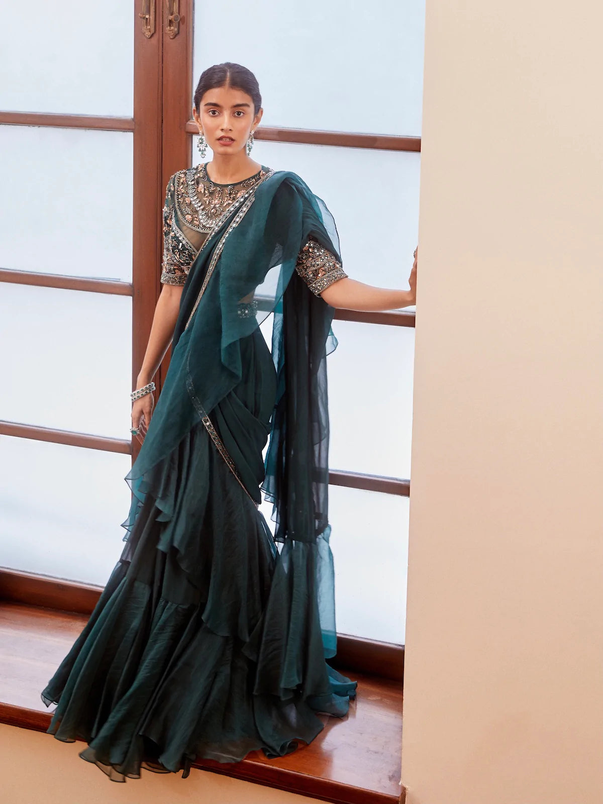 Teal Green Embroidered Ruffle Saree - MARKET