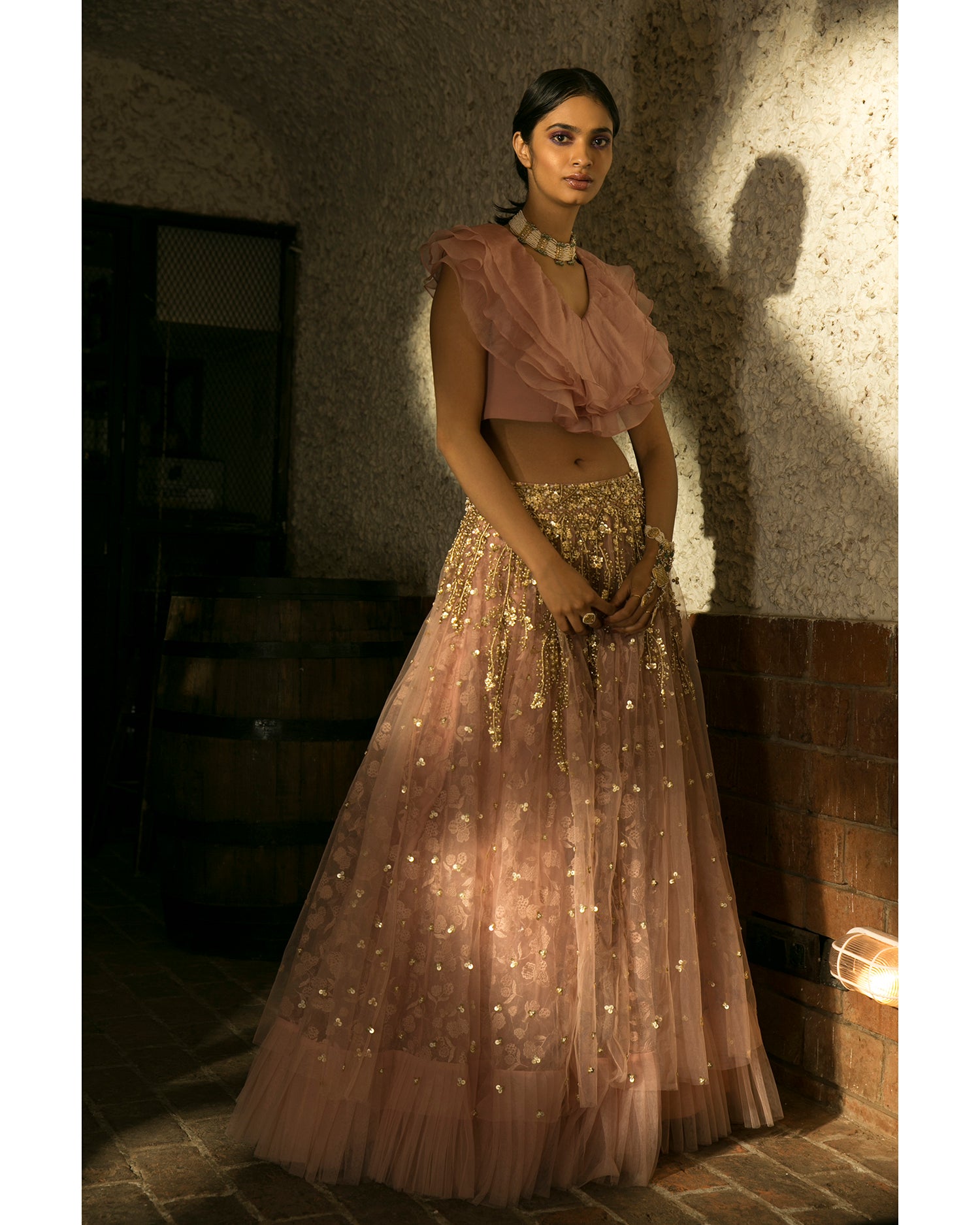 Embroidered Lengha With Ruffle Top - MARKET