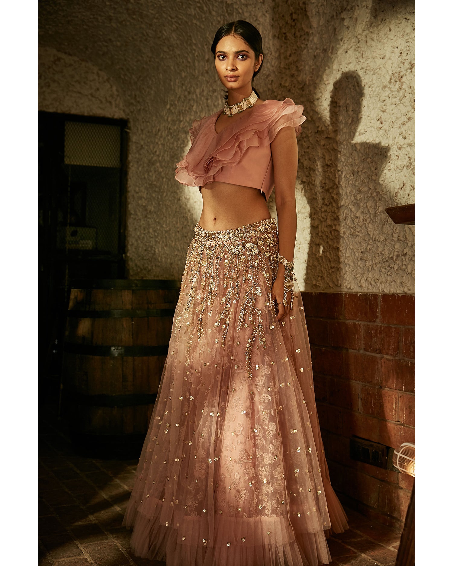 Embroidered Lengha With Ruffle Top - MARKET
