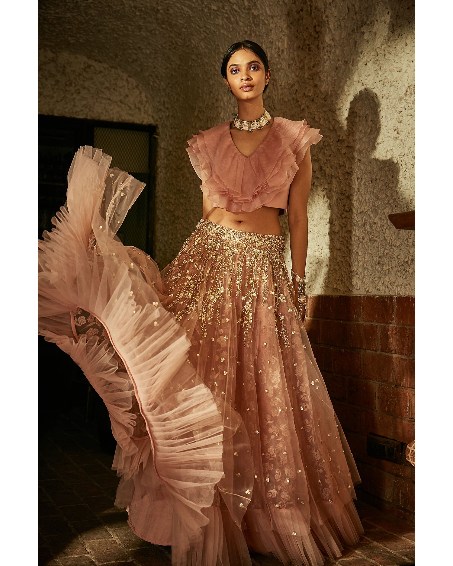 Embroidered Lengha With Ruffle Top - MARKET