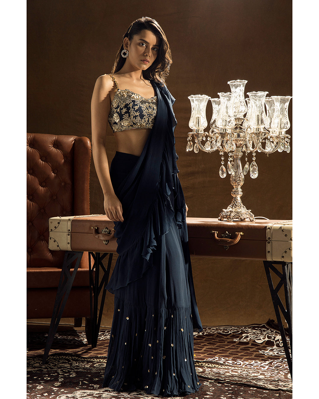 Midnight Blue Embroidered Ruffled Saree Set - MARKET
