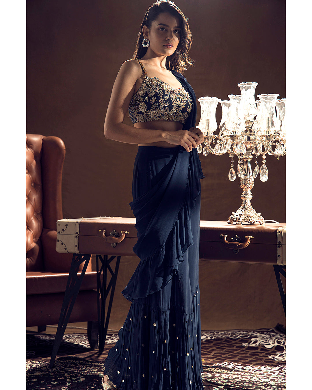 Midnight Blue Embroidered Ruffled Saree Set - MARKET