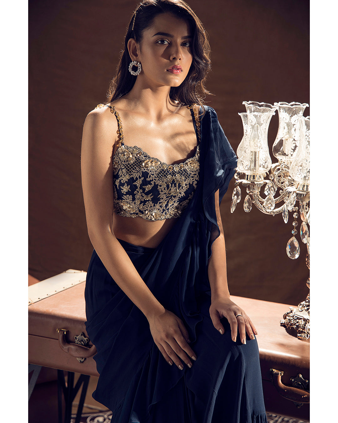 Midnight Blue Embroidered Ruffled Saree Set - MARKET