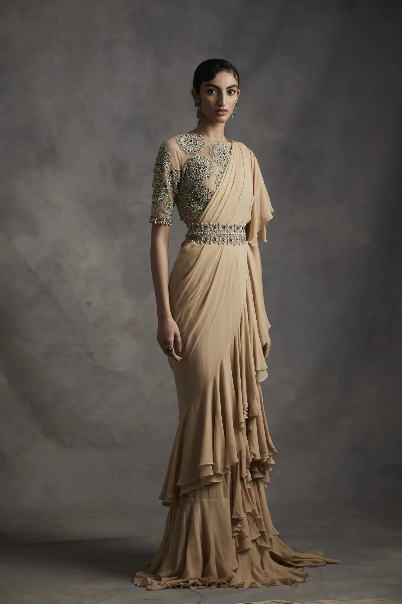 Pre-Stitched Saree with Pearl & Stone Work Blouse - MARKET