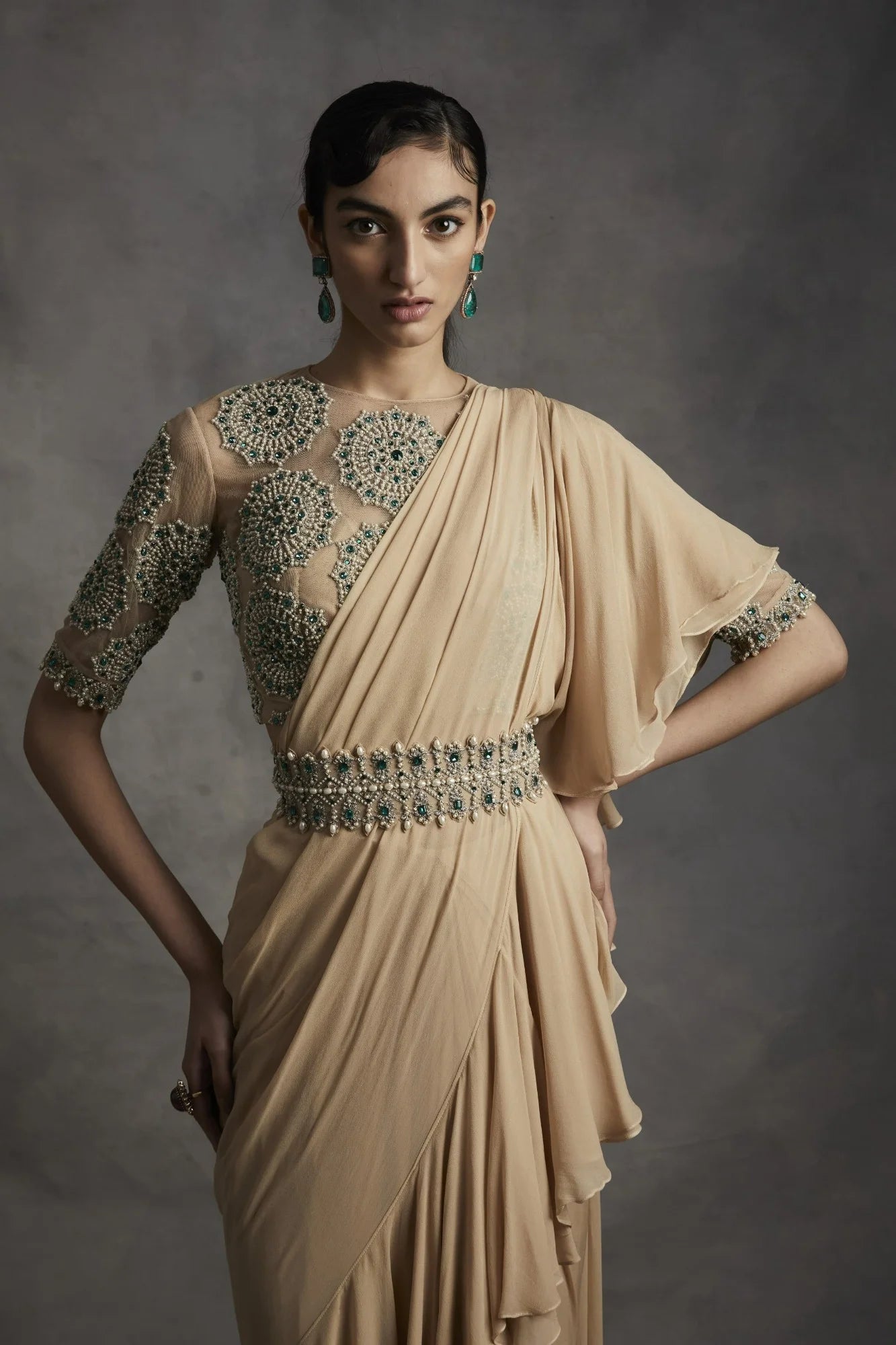 Pre-Stitched Saree with Pearl & Stone Work Blouse - MARKET