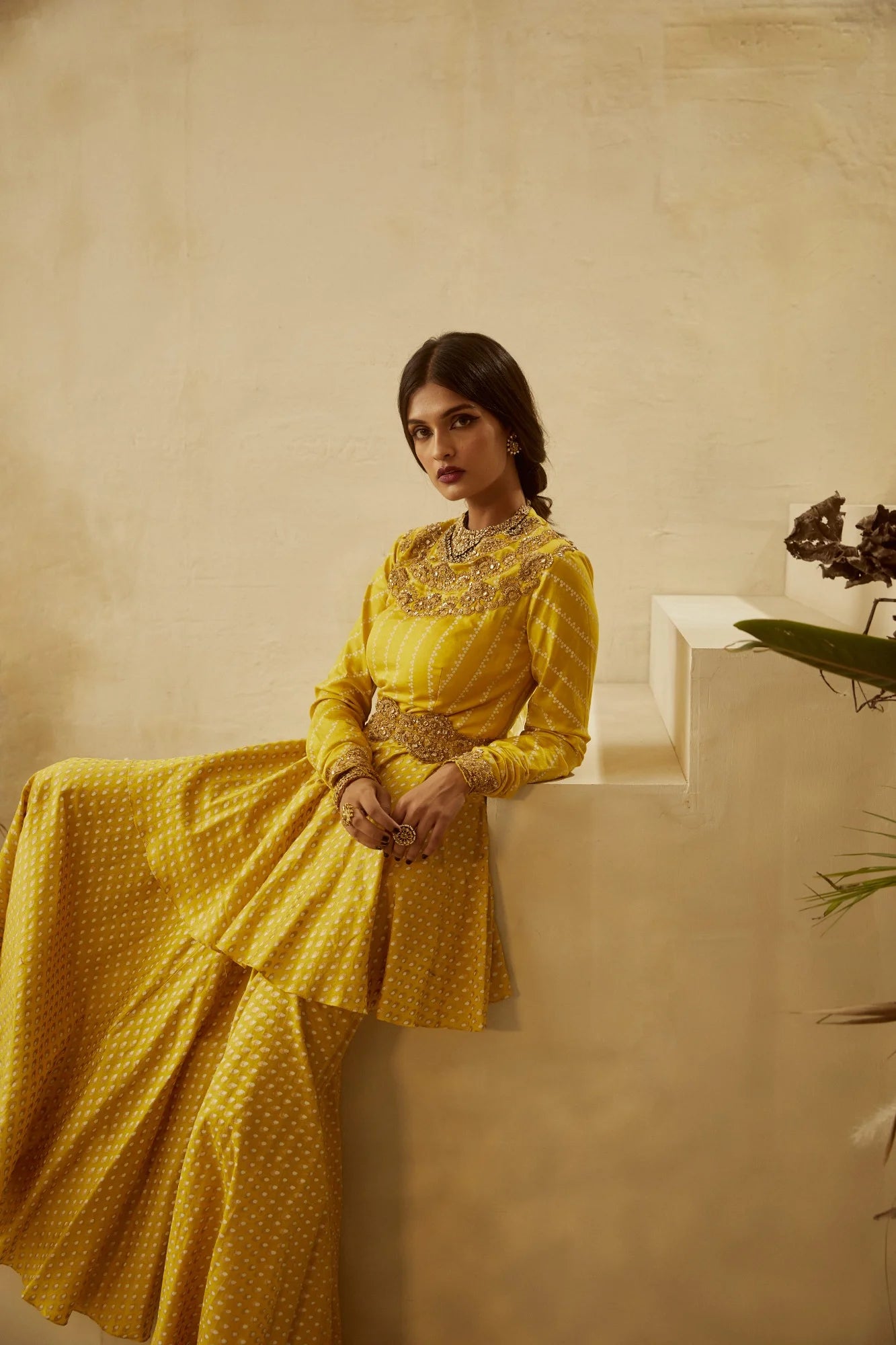 Yellow Nukta-Bindu Kurta Sharara Set - MARKET
