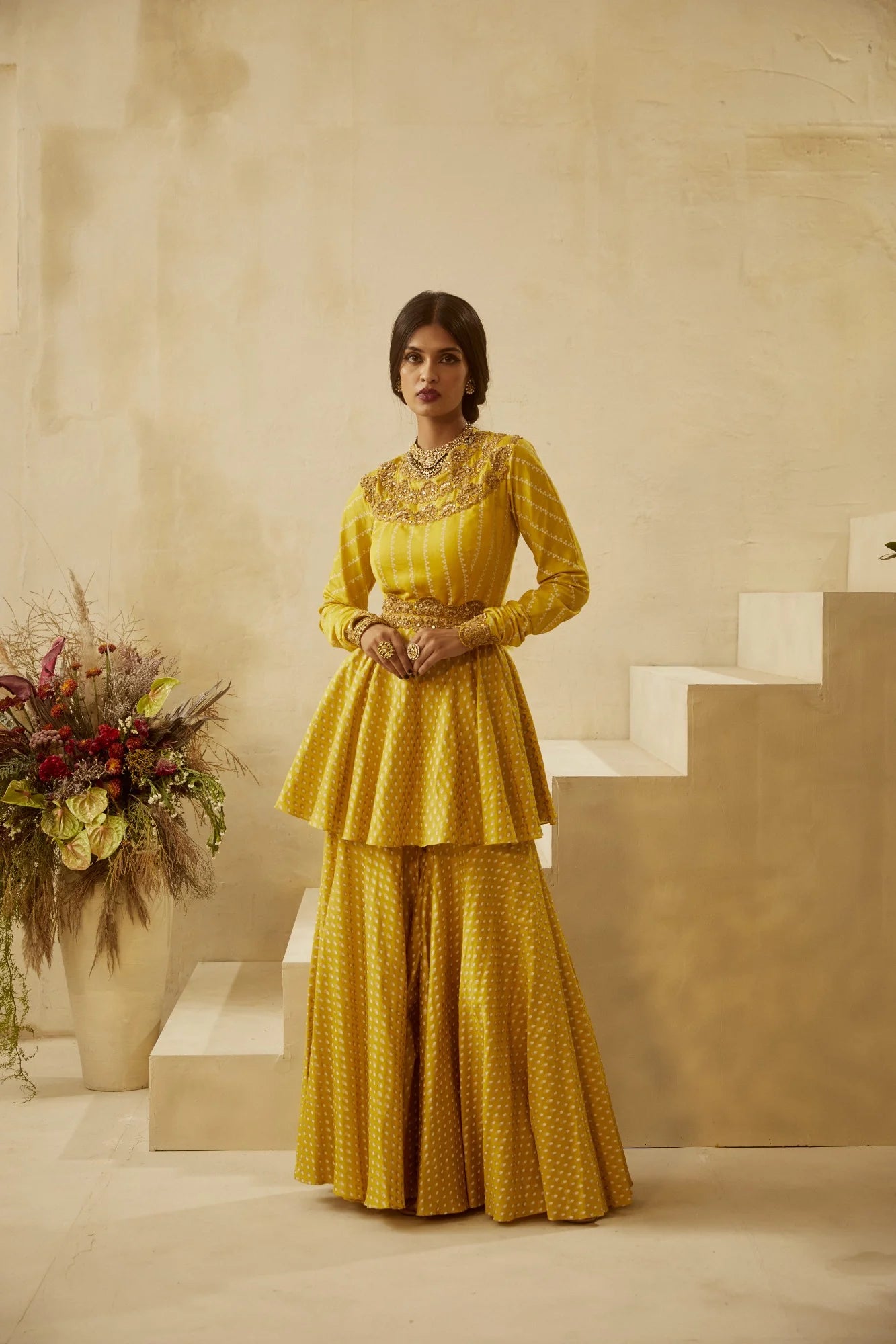 Yellow Nukta-Bindu Kurta Sharara Set - MARKET