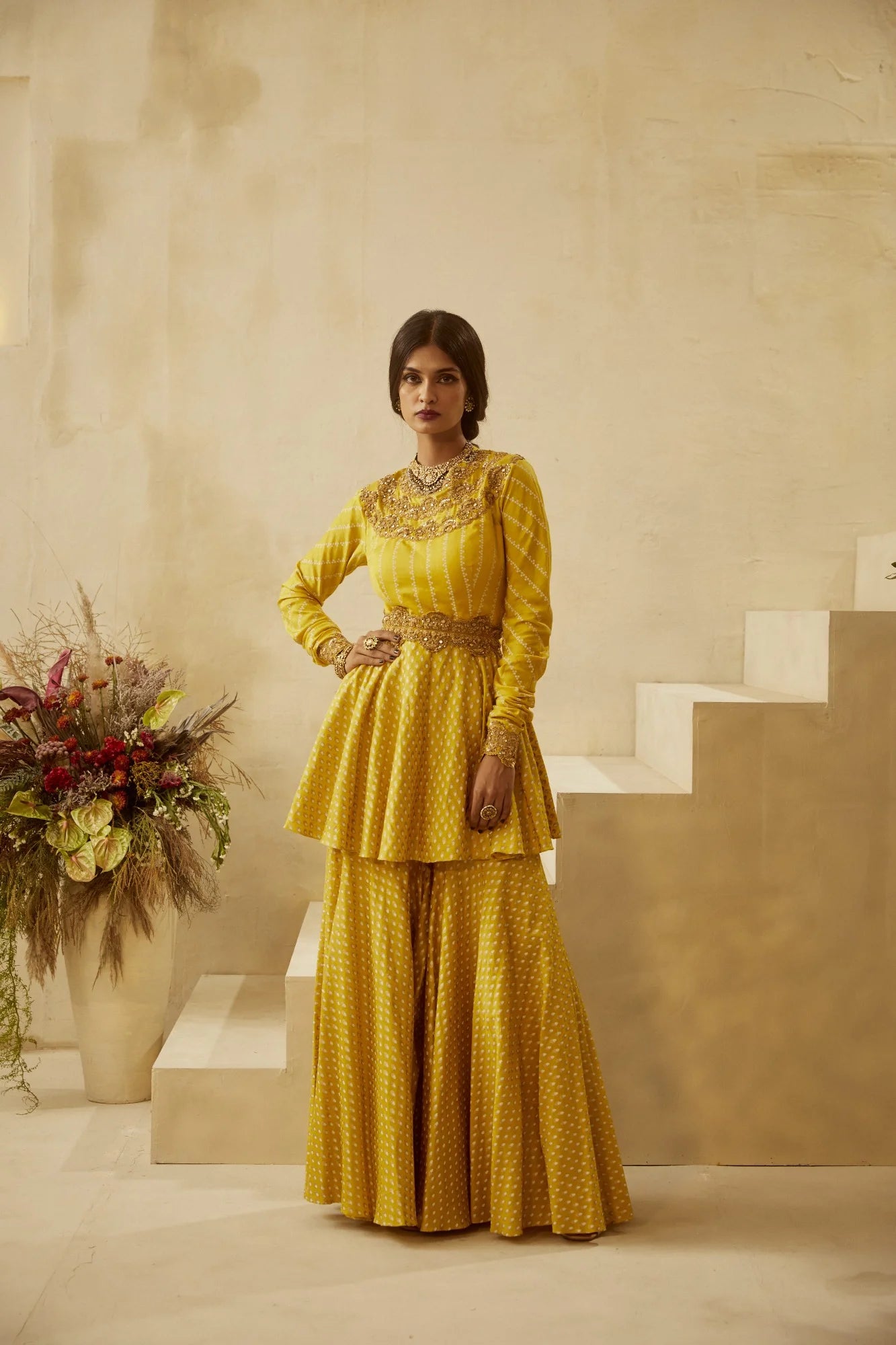 Yellow Nukta-Bindu Kurta Sharara Set - MARKET