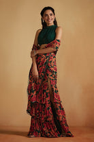 Green Printed Pre-Draped Saree