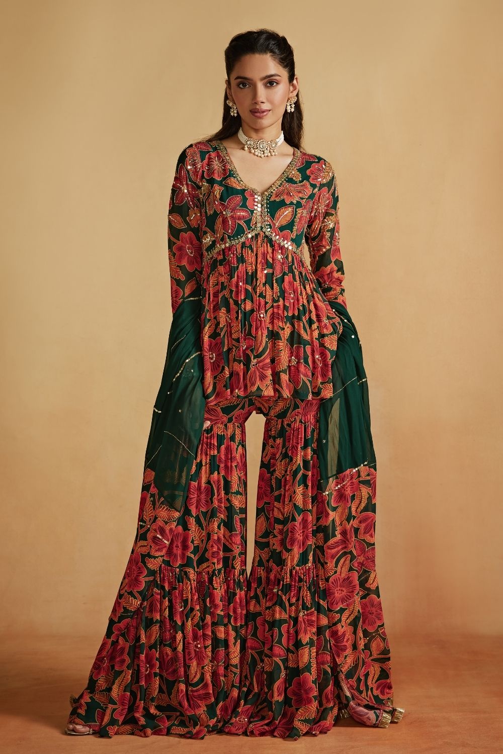 Green Floral Printed Peplum And Sharara Set