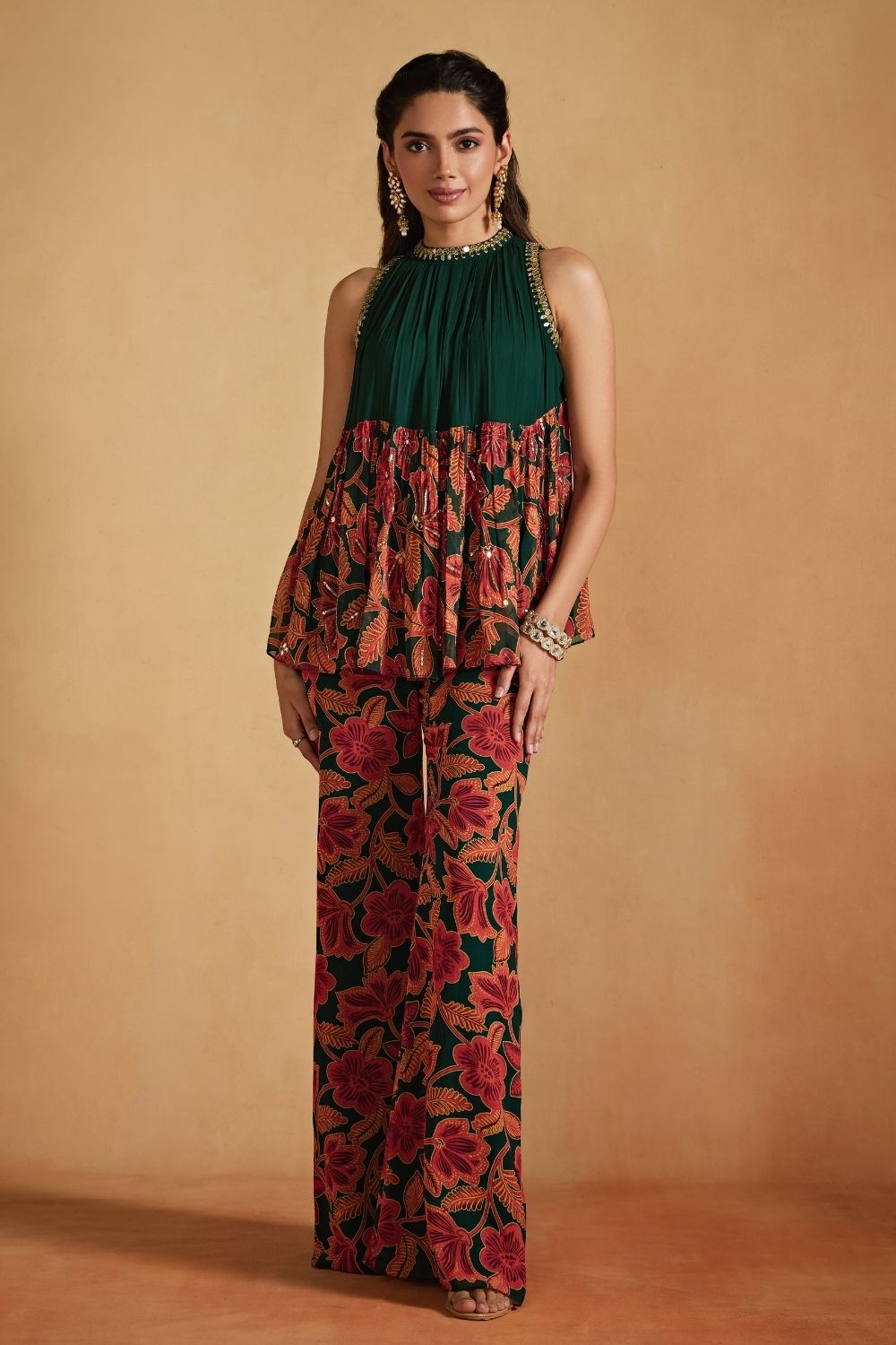 Green Floral Printed Top And Pants Set