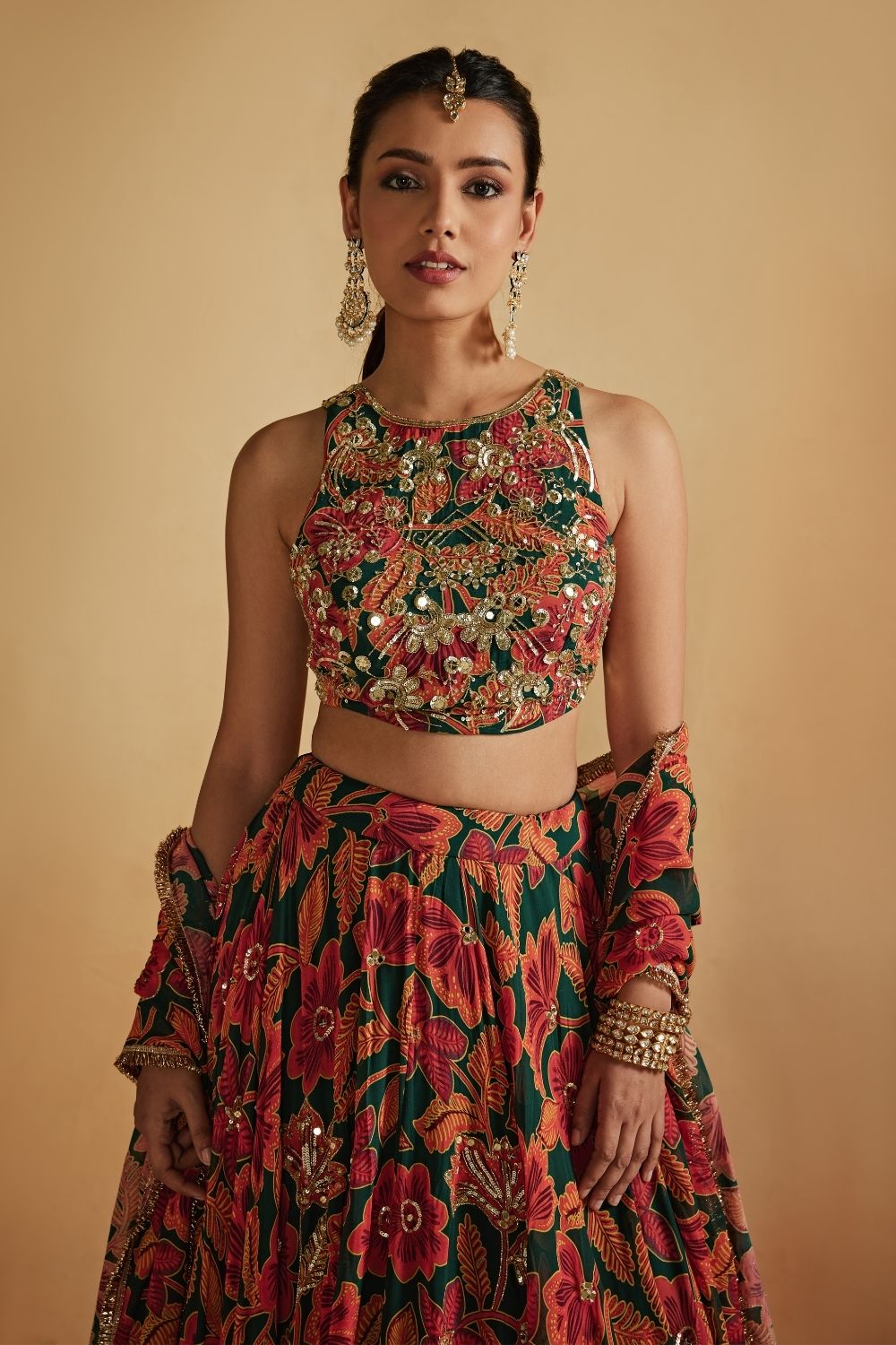 Green Floral Printed Lehenga Set
