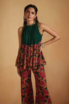 Green Floral Printed Top And Pants Set