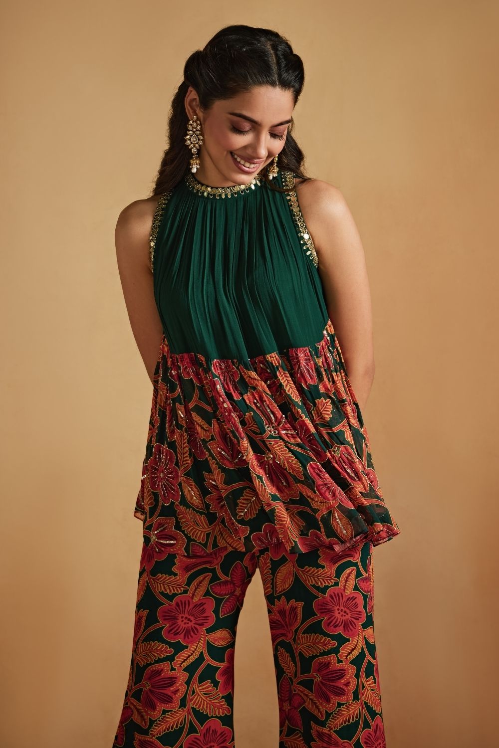 Green Floral Printed Top And Pants Set