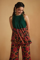 Green Floral Printed Top And Pants Set