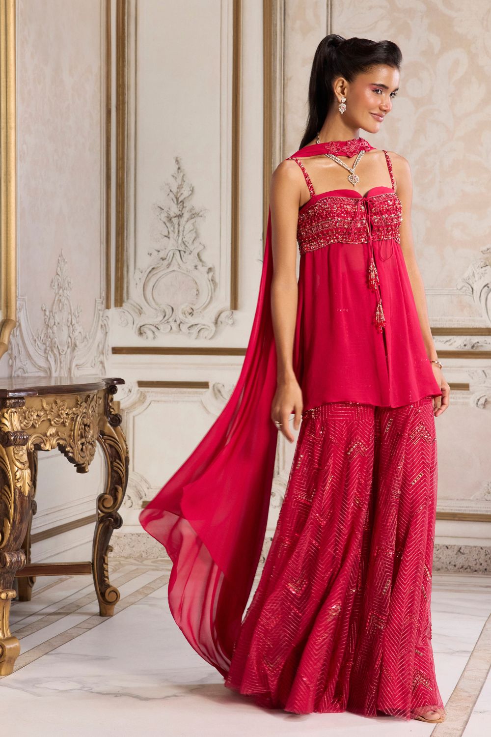 Magenta Flowy Peplum With Sharara Set - MARKET