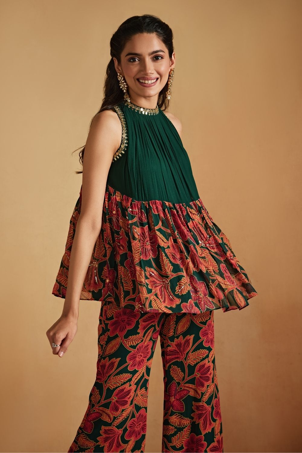 Green Floral Printed Top And Pants Set