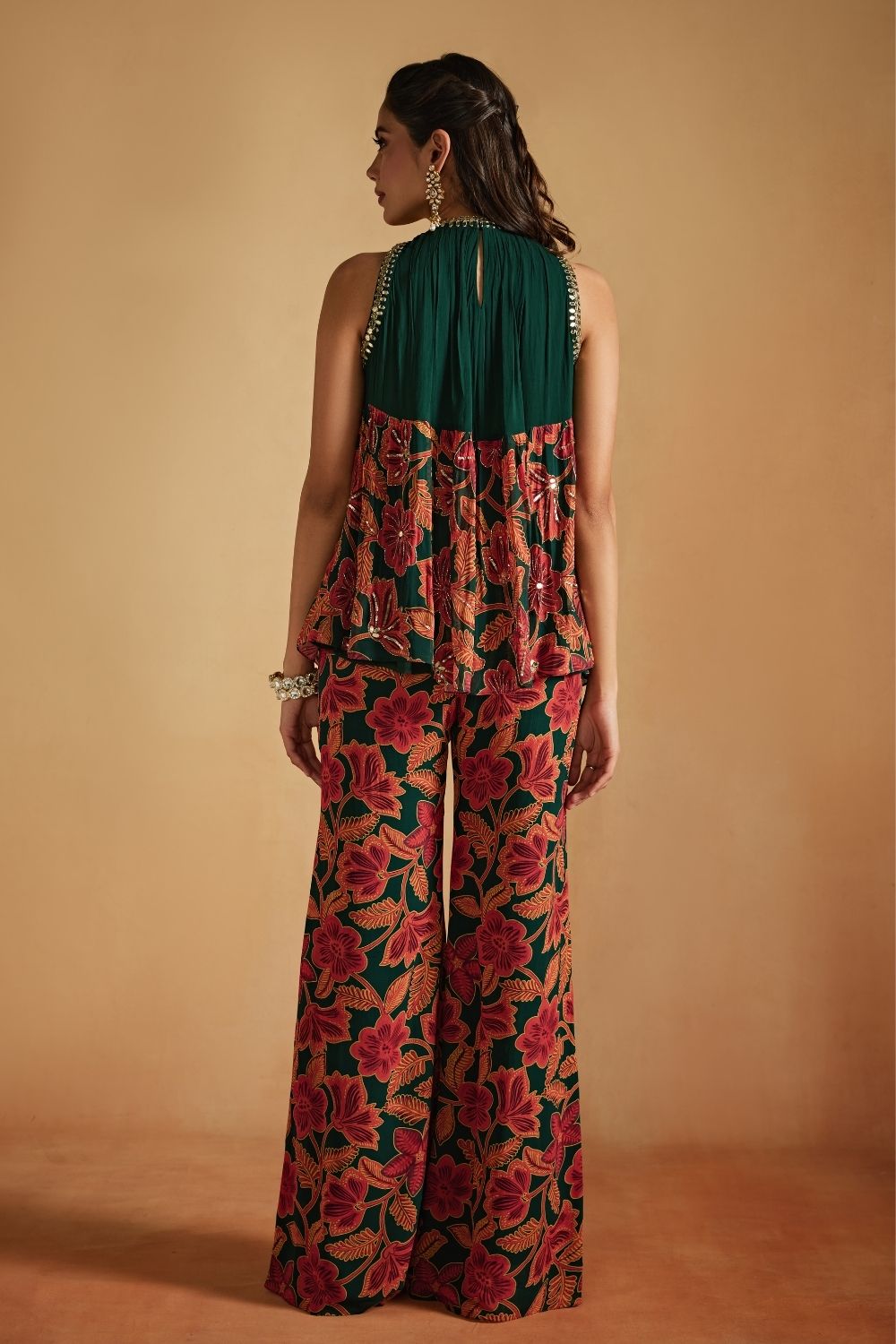 Green Floral Printed Top And Pants Set