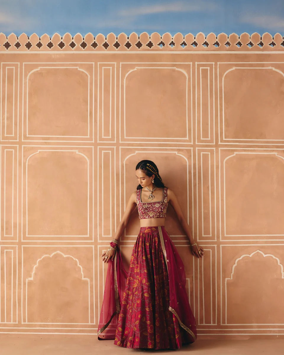 Berry Plum Gathered Lehenga - MARKET