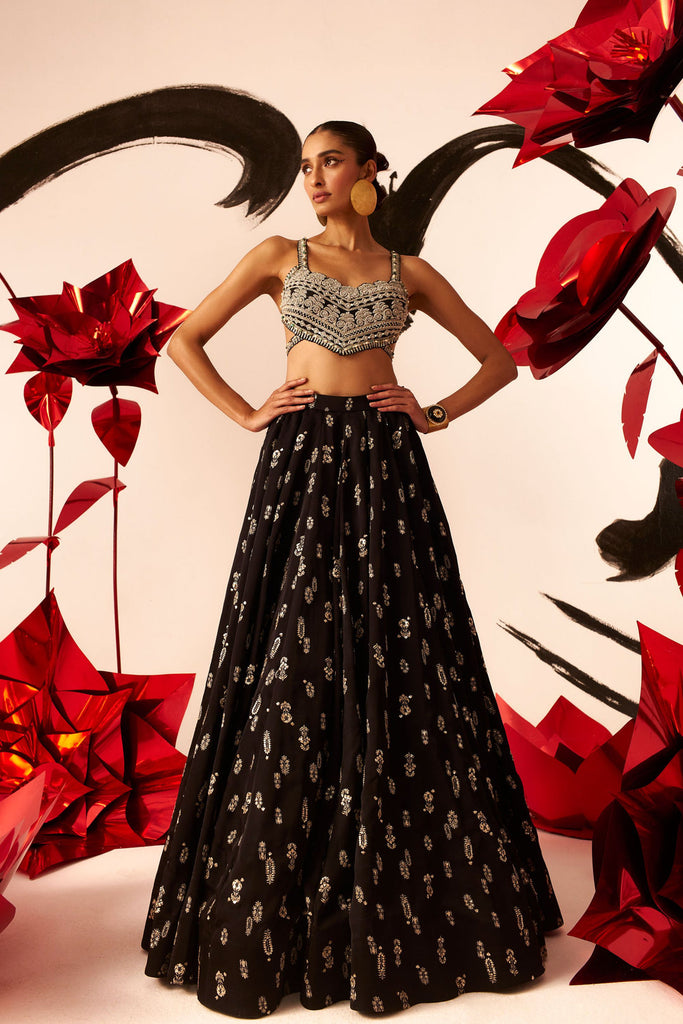 Black Floret Lehenga Set - MARKET