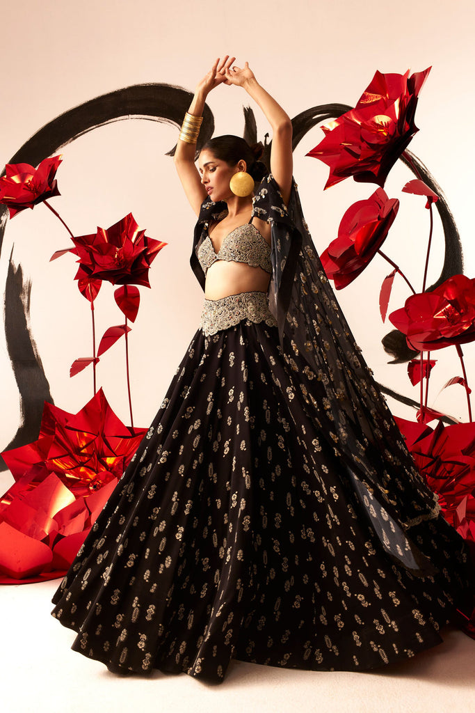 Black Floret Lehenga & Cape Set - MARKET