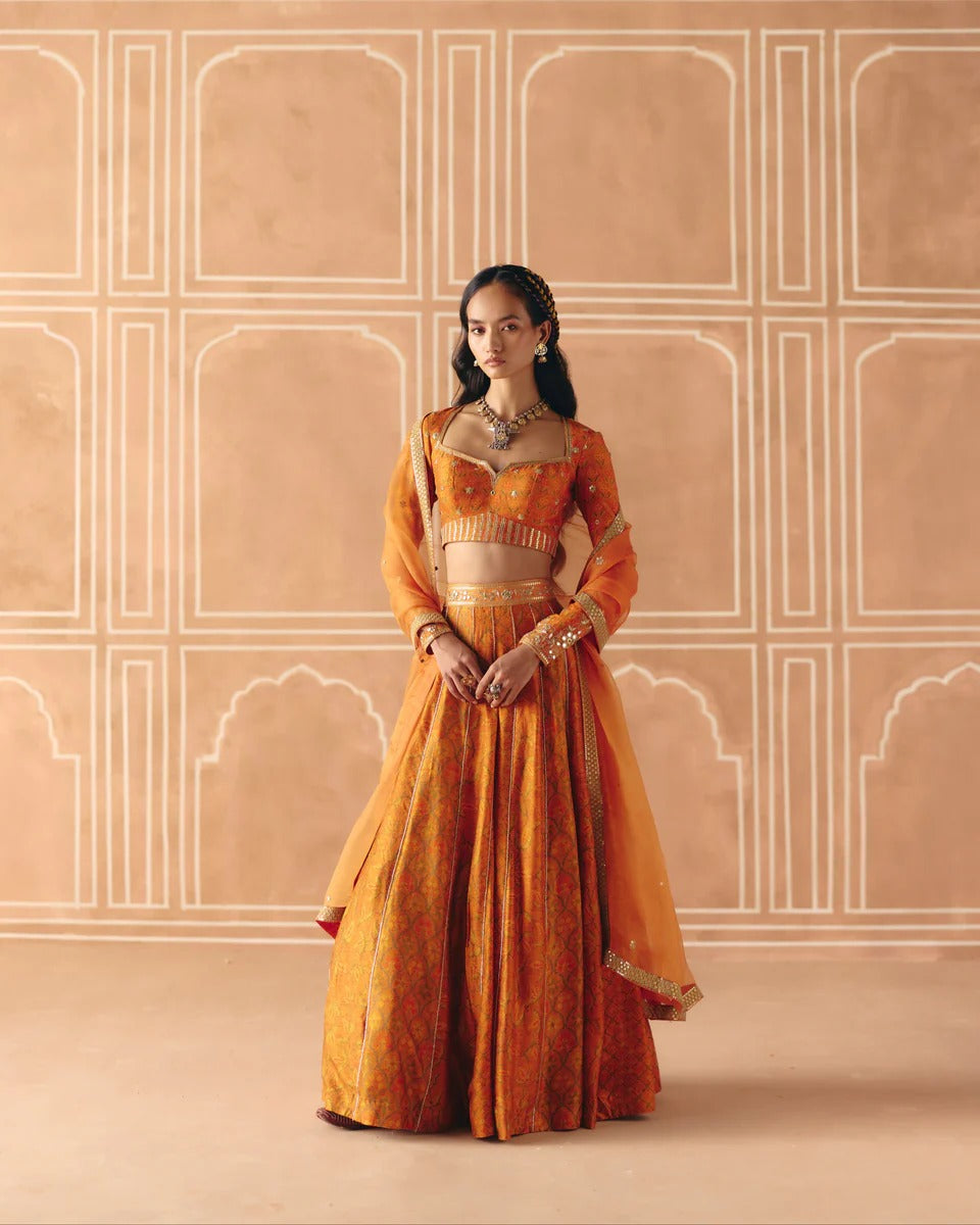 Burnt Orange Mix Print Panel Lehenga - MARKET