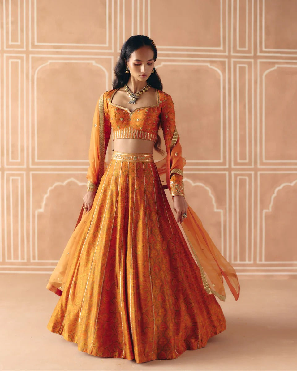 Burnt Orange Mix Print Panel Lehenga - MARKET