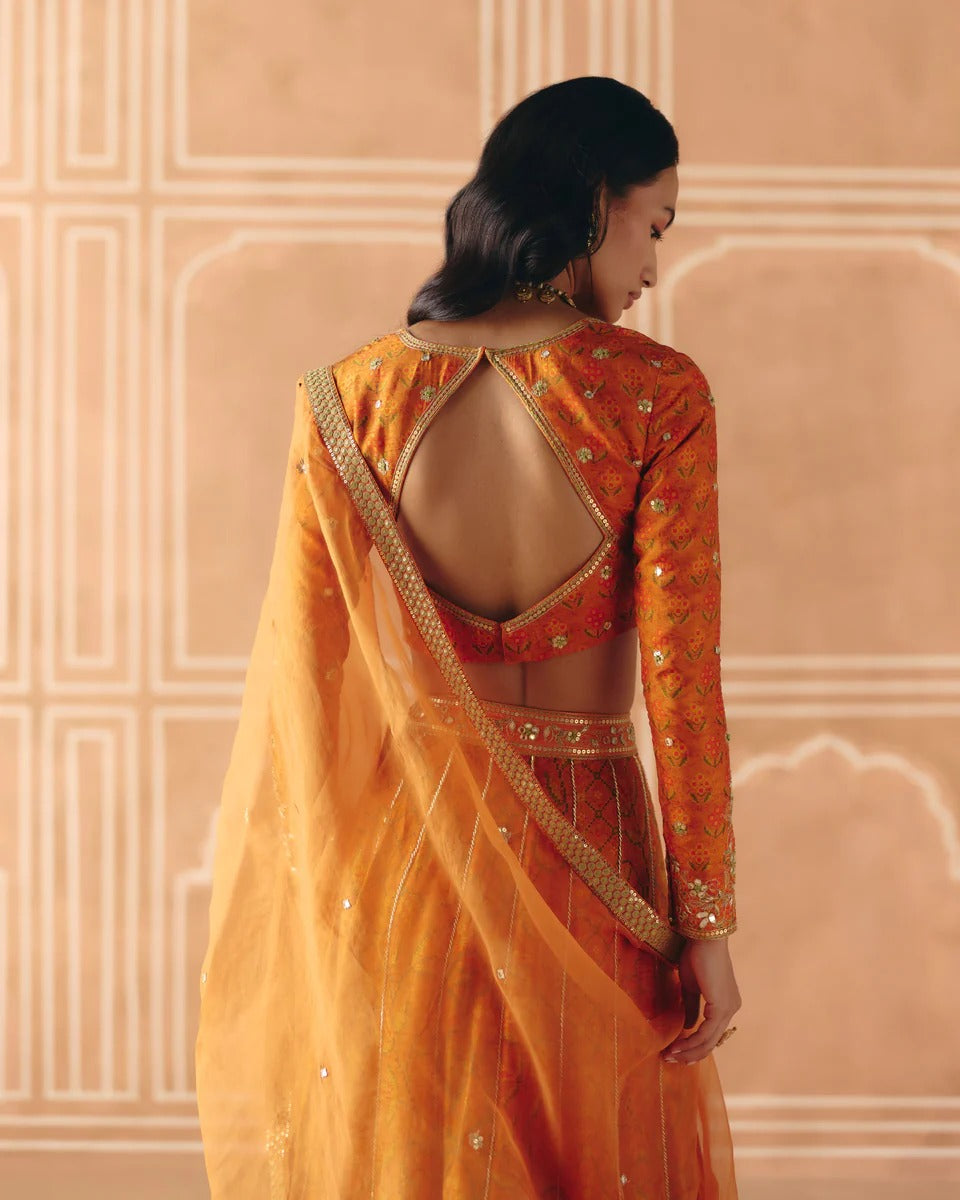 Burnt Orange Mix Print Panel Lehenga - MARKET