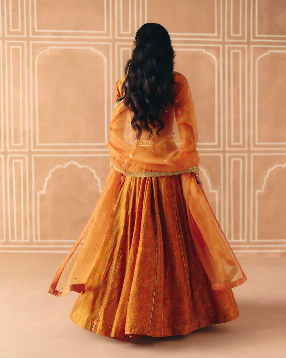 Burnt Orange Mix Print Panel Lehenga - MARKET