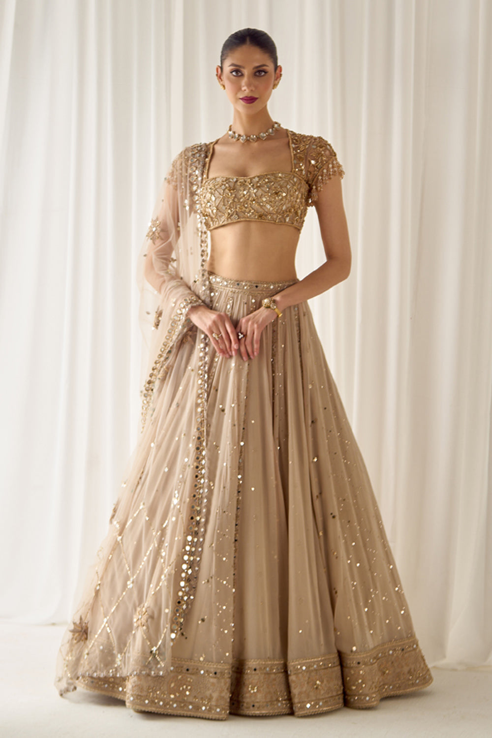 Biege Mukaish and Mirrorwork Lehenga Set - MARKET