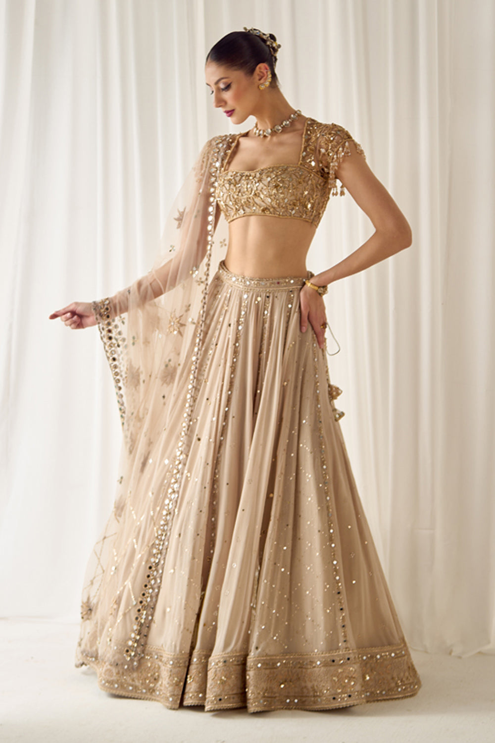 Biege Mukaish and Mirrorwork Lehenga Set - MARKET