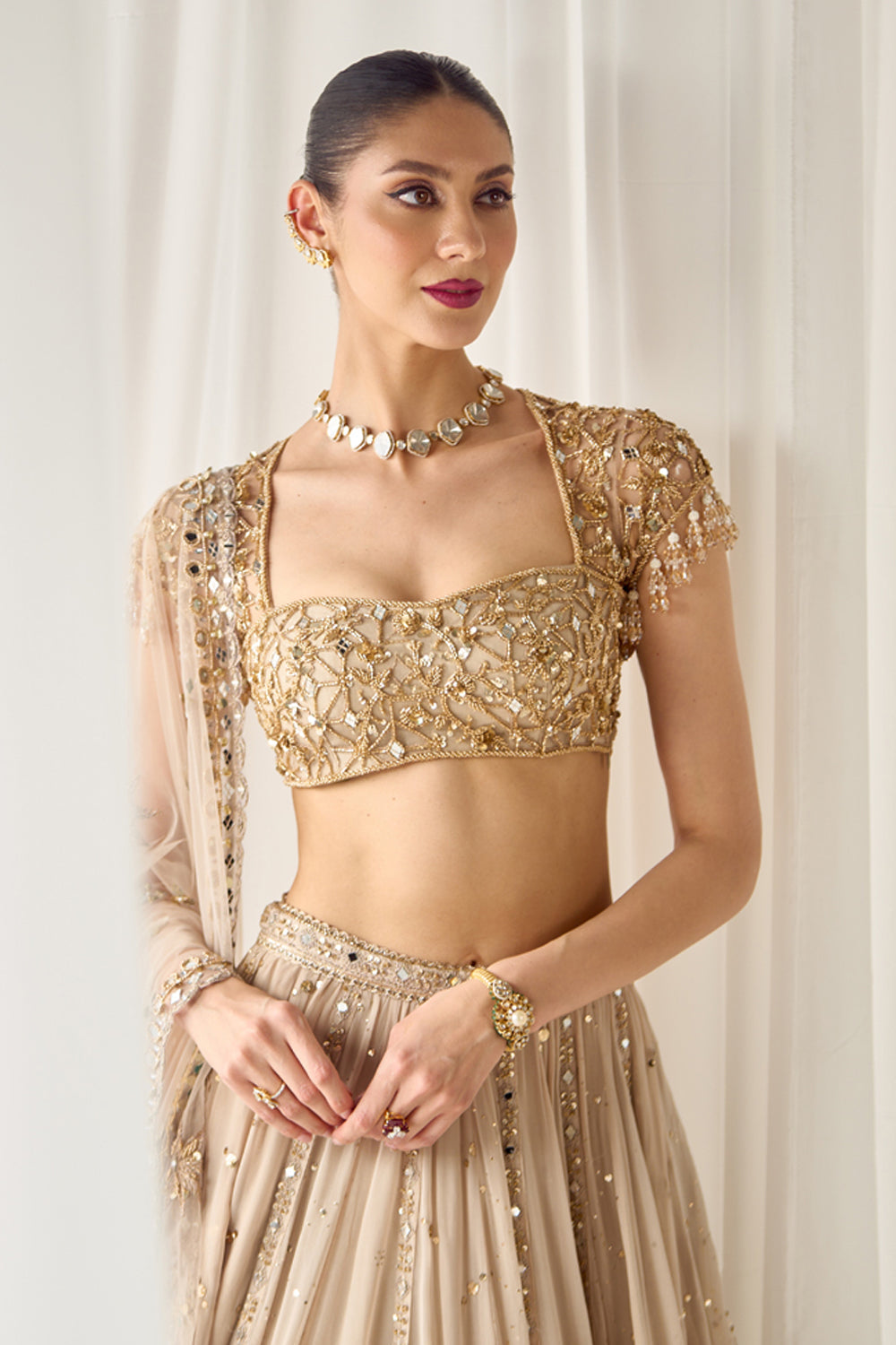Biege Mukaish and Mirrorwork Lehenga Set - MARKET