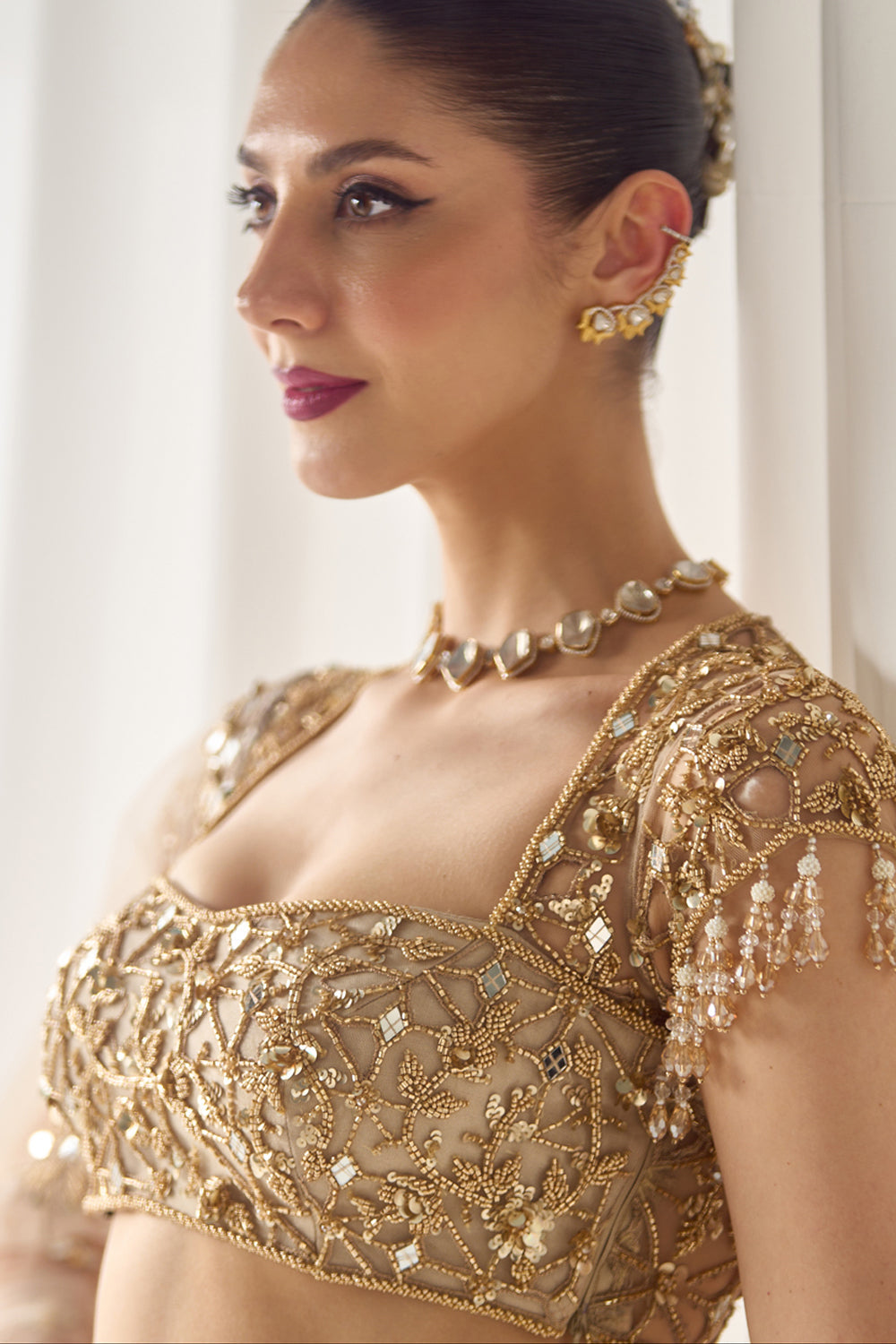 Biege Mukaish and Mirrorwork Lehenga Set - MARKET