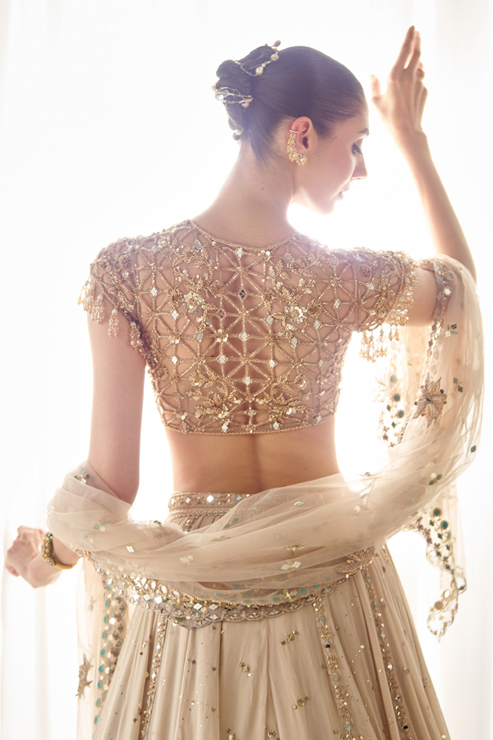 Biege Mukaish and Mirrorwork Lehenga Set - MARKET