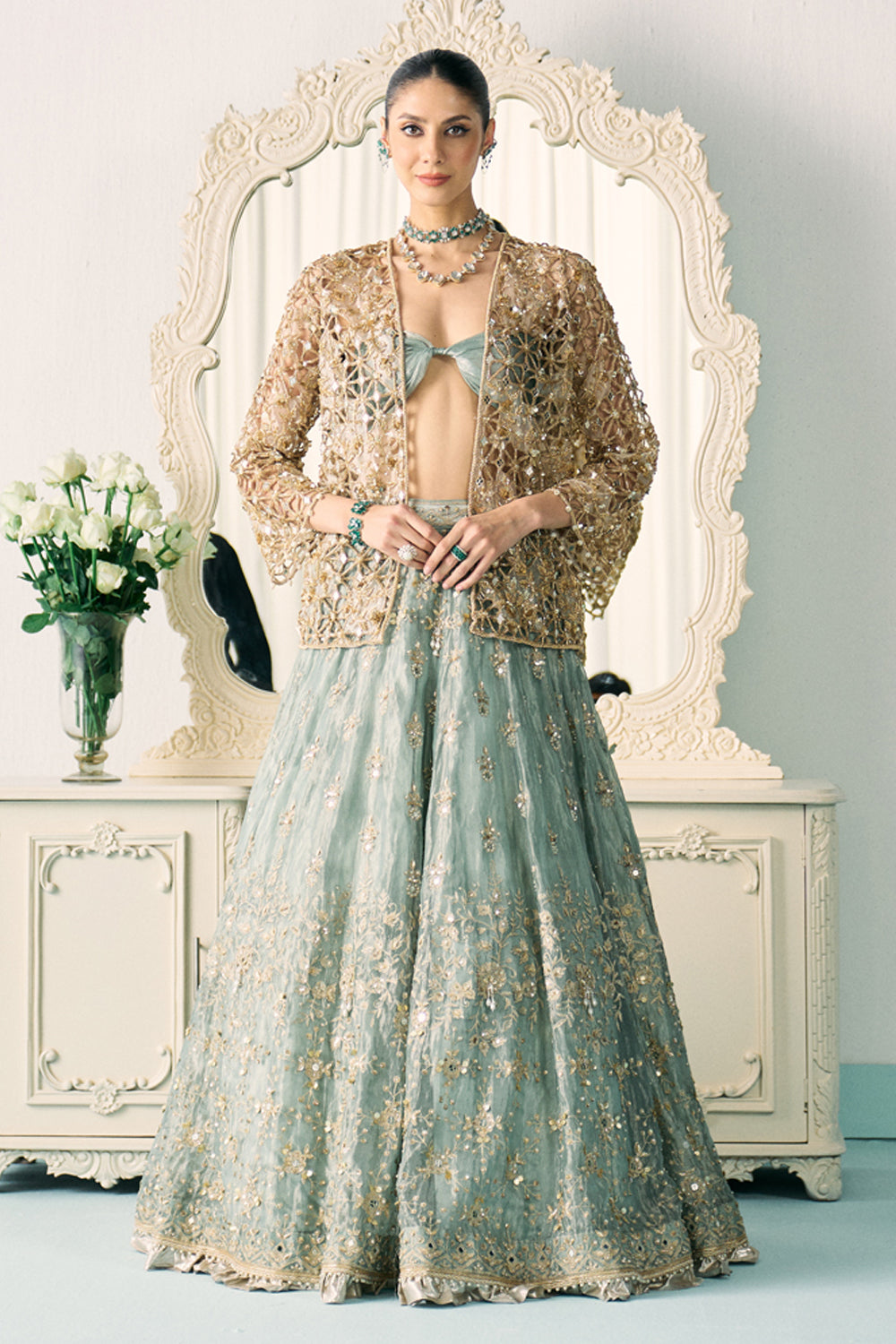 Aqua Tissue Lehenga With Jacket Set - MARKET