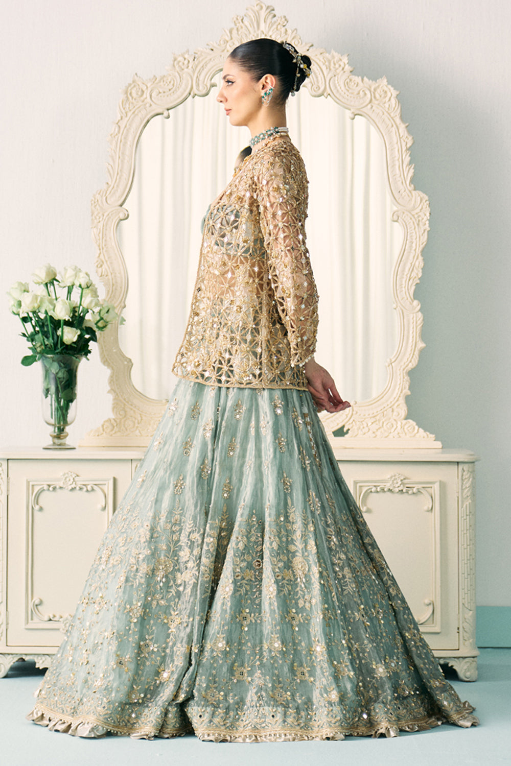 Aqua Tissue Lehenga With Jacket Set - MARKET