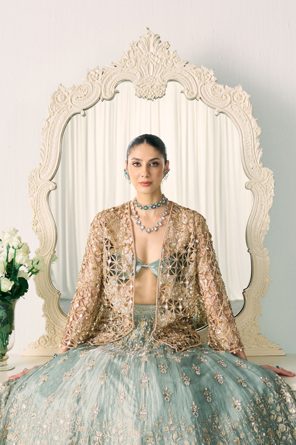 Aqua Tissue Lehenga With Jacket Set - MARKET