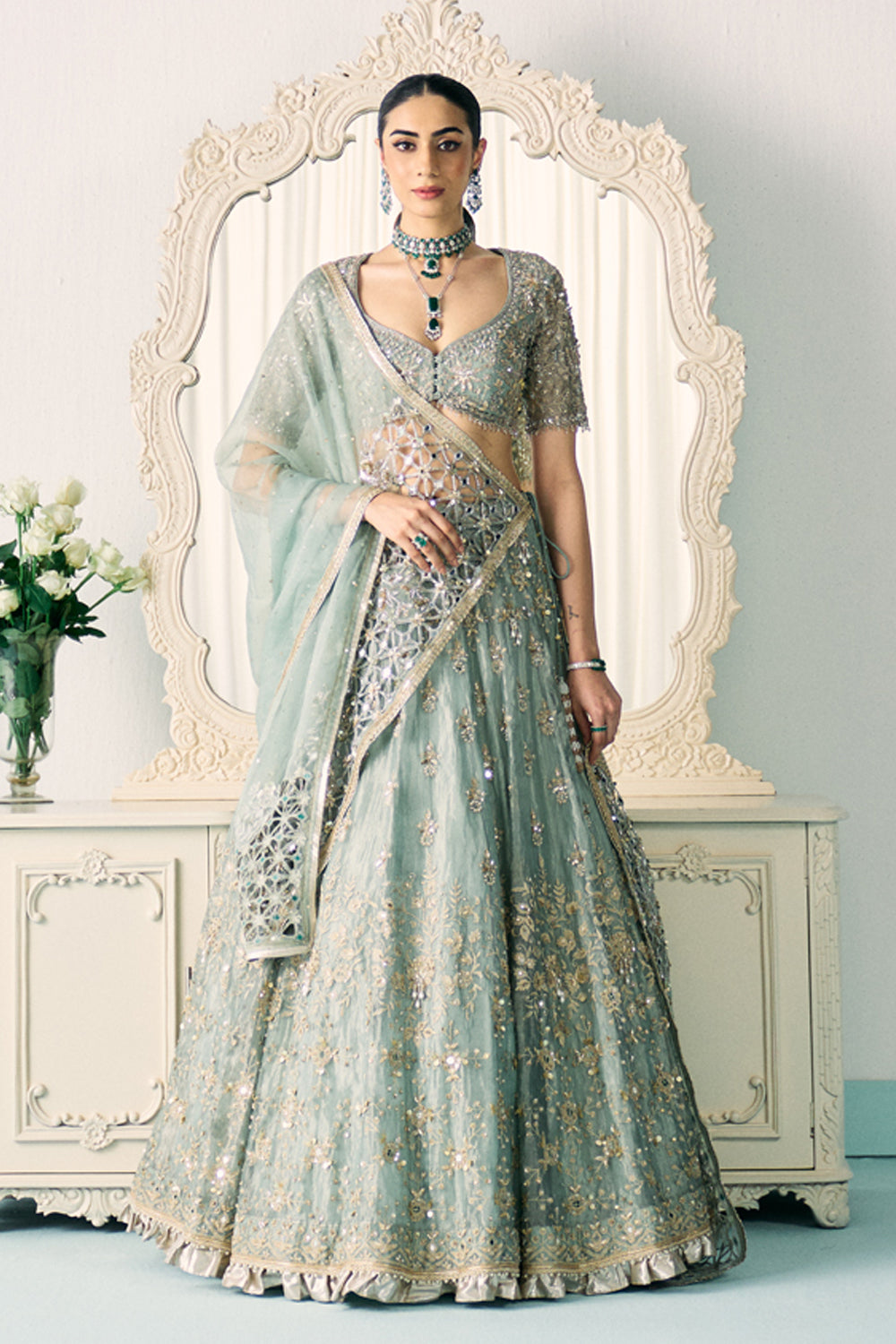 Aqua Tissue Lehenga Set - MARKET