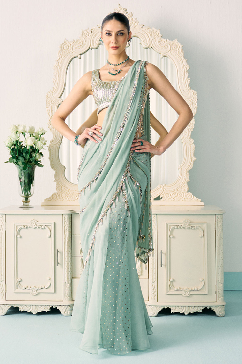 Aqua Mukaish Work Saree - MARKET