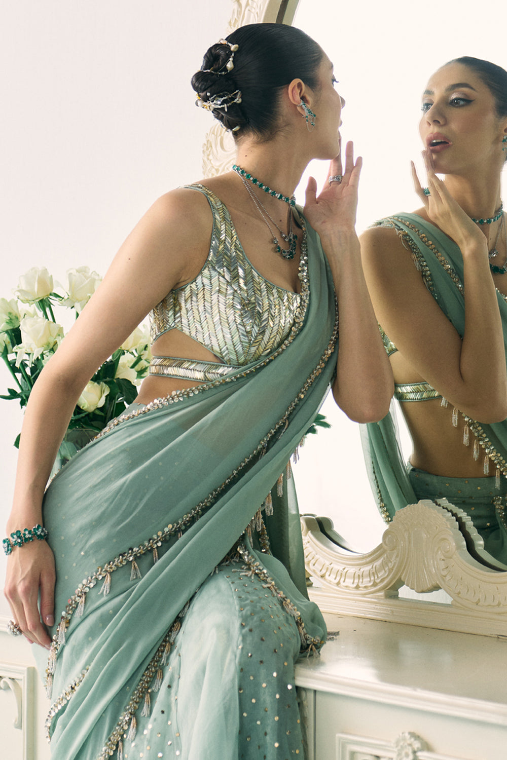 Aqua Mukaish Work Saree - MARKET