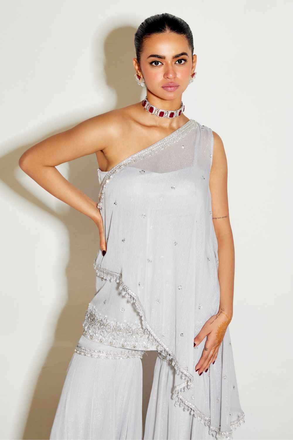 Grey One Shoulder Cape & Sharara Set - MARKET