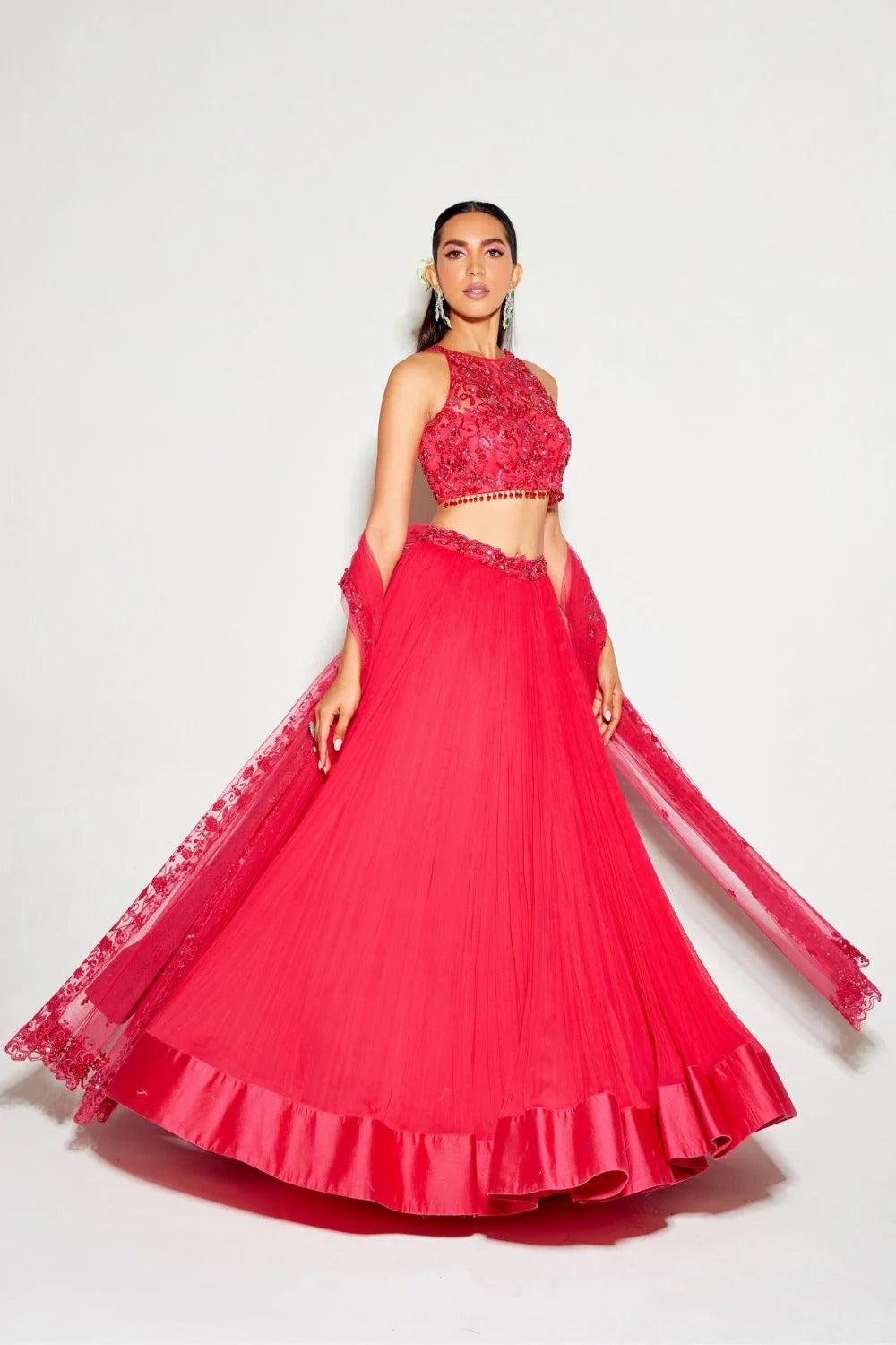 Hot Pink Tonal Blouse & Pleated Lehenga - MARKET