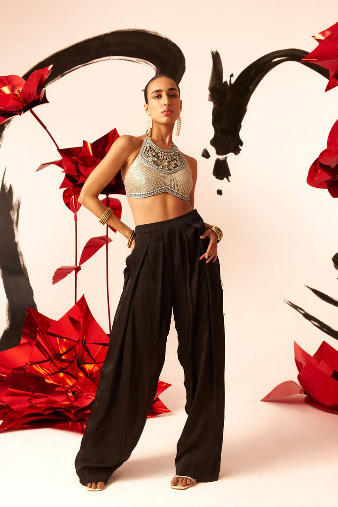 Embroidered Halter Blouse and Pants Set - MARKET