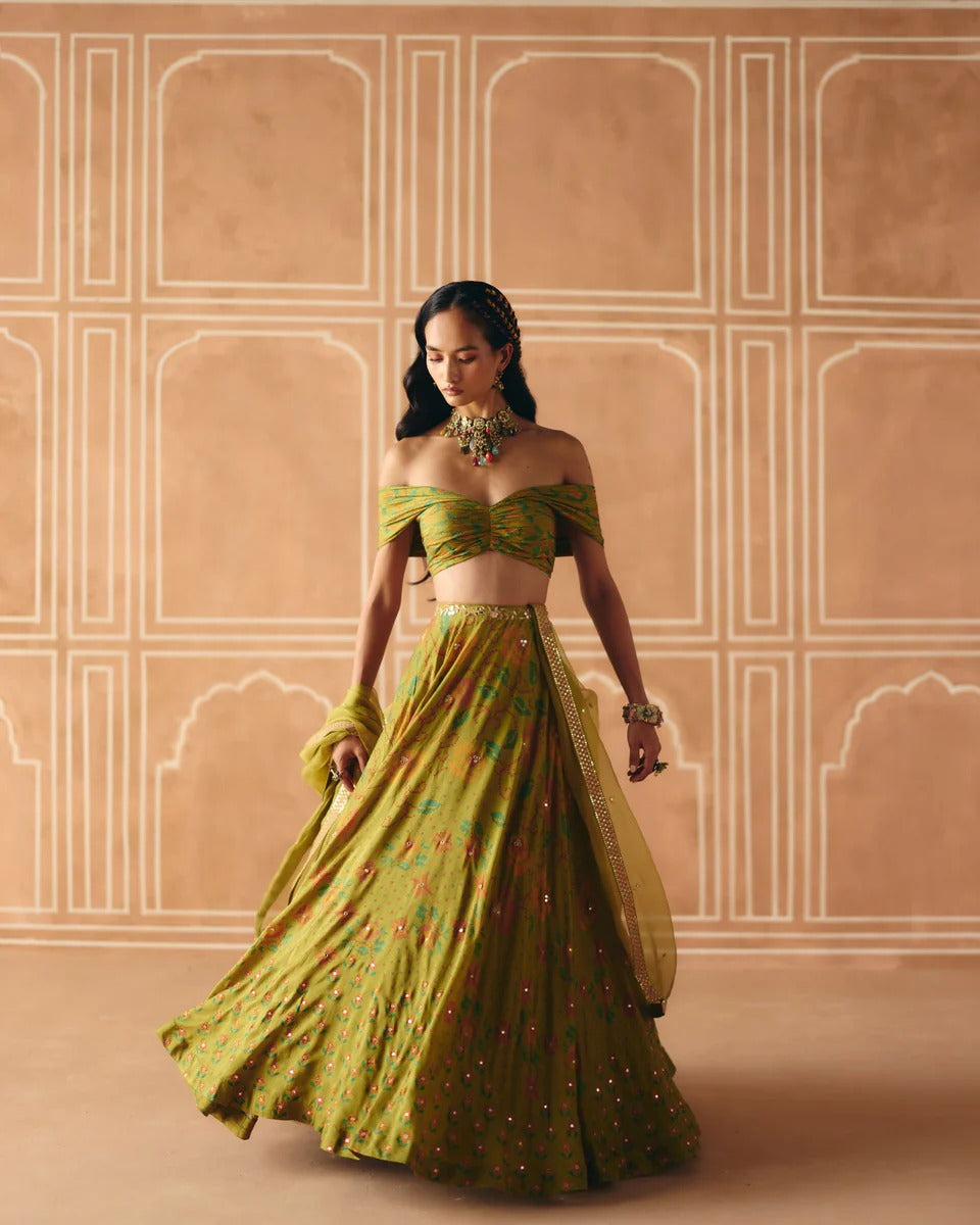 Parrot Green Off Shoulder Lehenga - MARKET