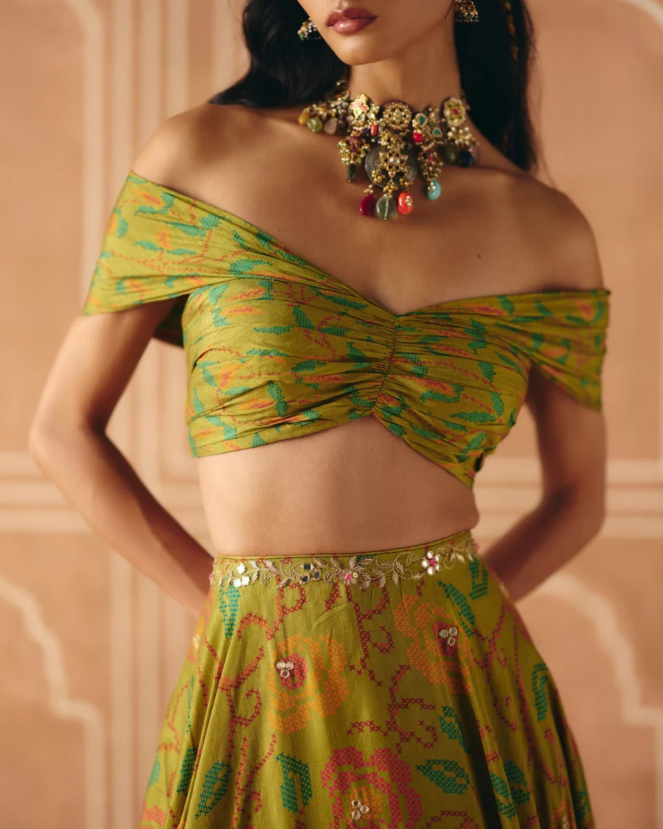 Parrot Green Off Shoulder Lehenga - MARKET