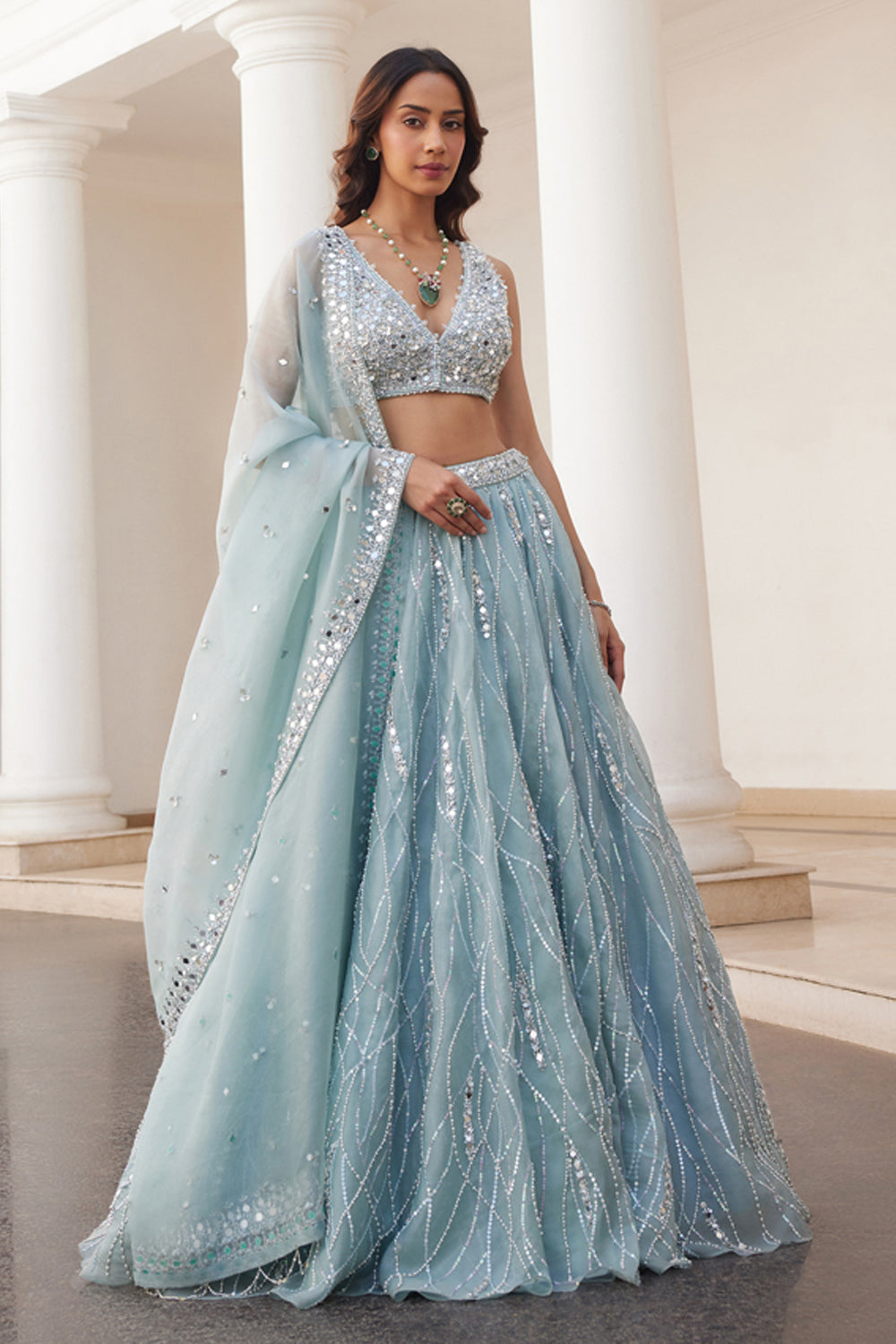 Powder Blue Organza Lehenga - MARKET